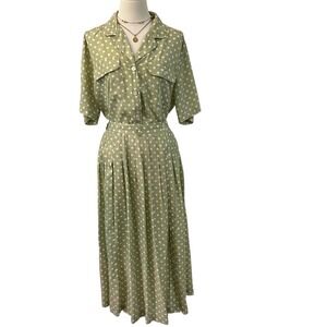 Vintage CHAU 80s Sage Green Polka Dot Rayon Button Top Midi Skirt Set Size 12